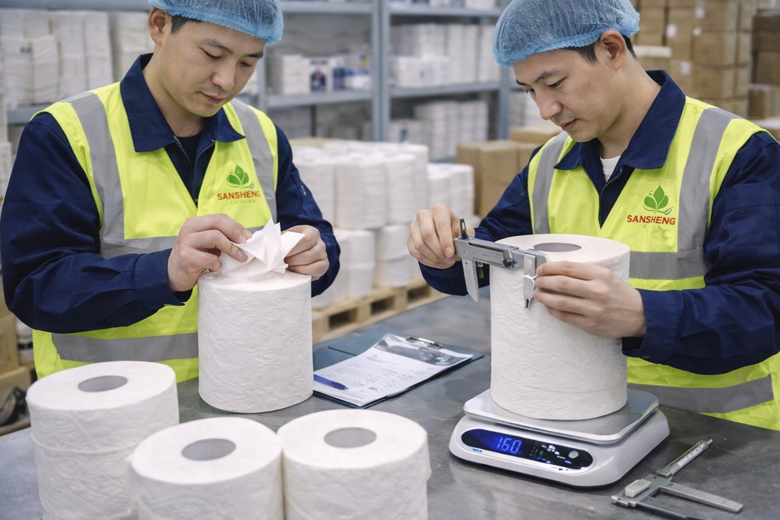 Paper towel supplier Sansheng quality inspection checking roll diameter and weight with caliper