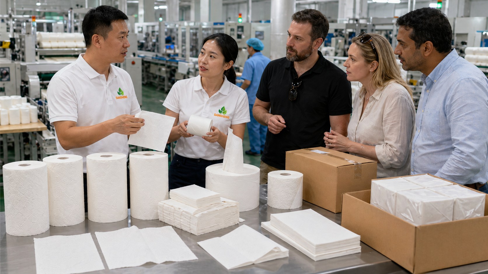 Paper towel buyer feedback discussion with product samples and export packing references