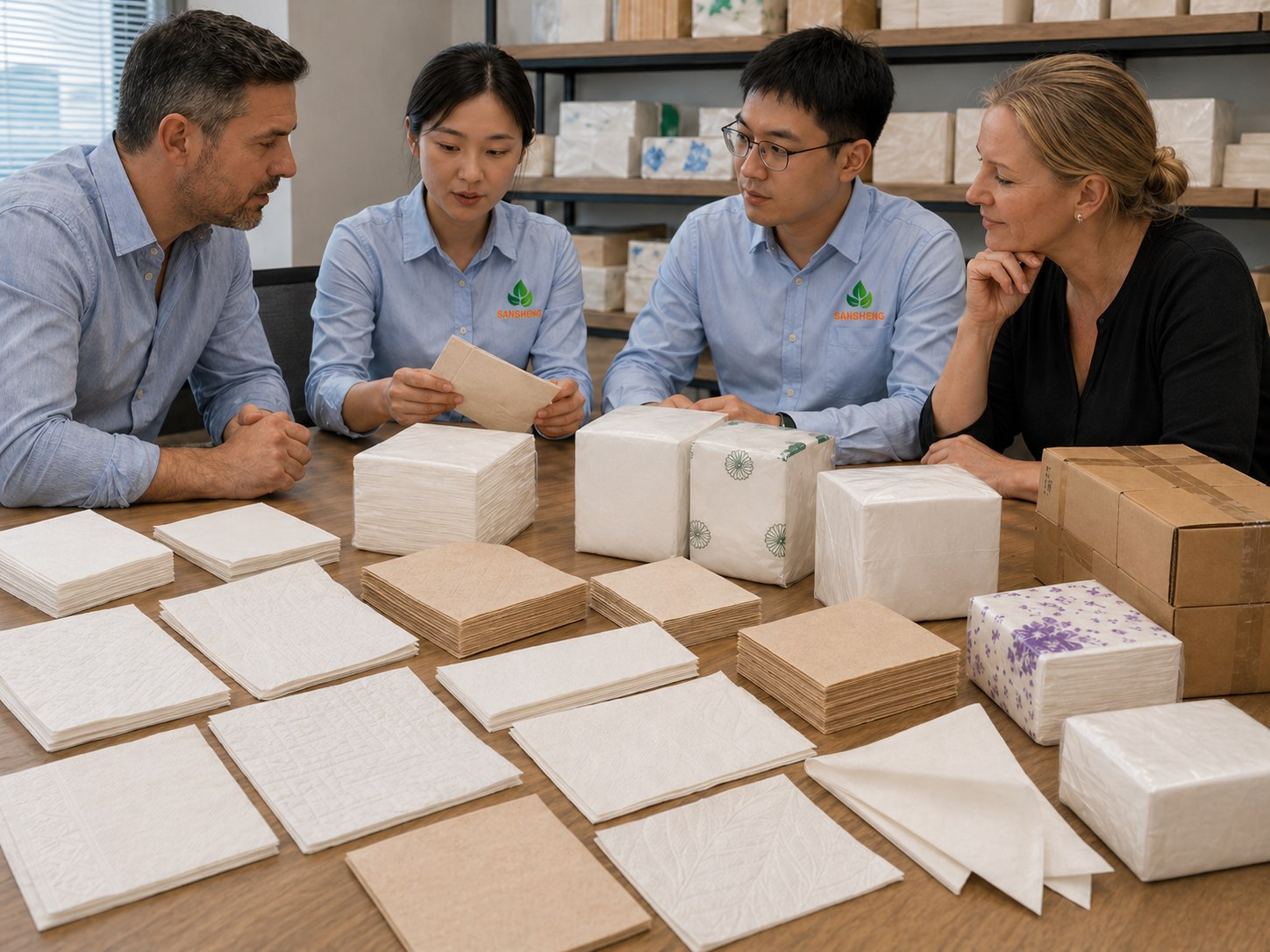 Professional paper napkin buyers discussing bulk supply and private label programs
