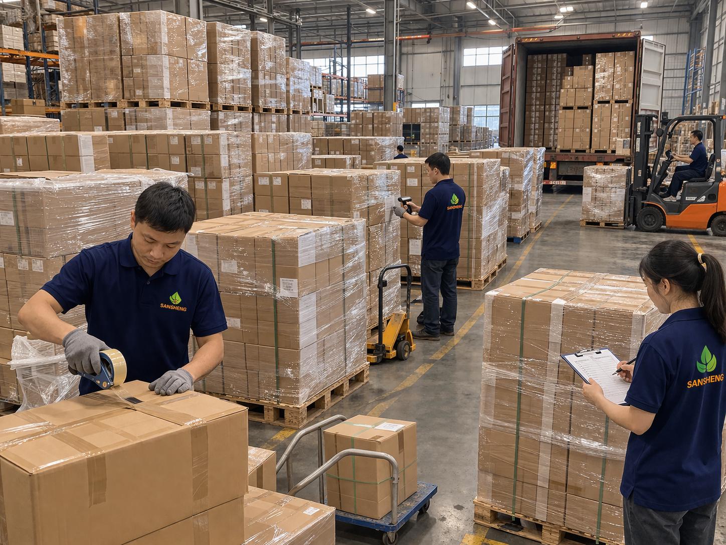 Sansheng kitchen towel export coordination with palletized cartons and shipment preparation