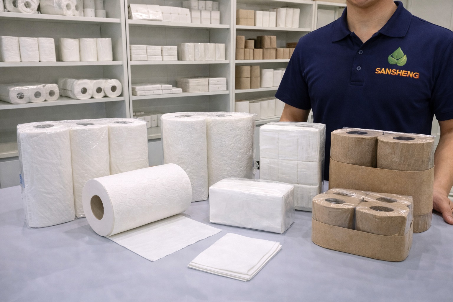 Sansheng buyer facing communication with kitchen towel samples and sourcing discussion setup