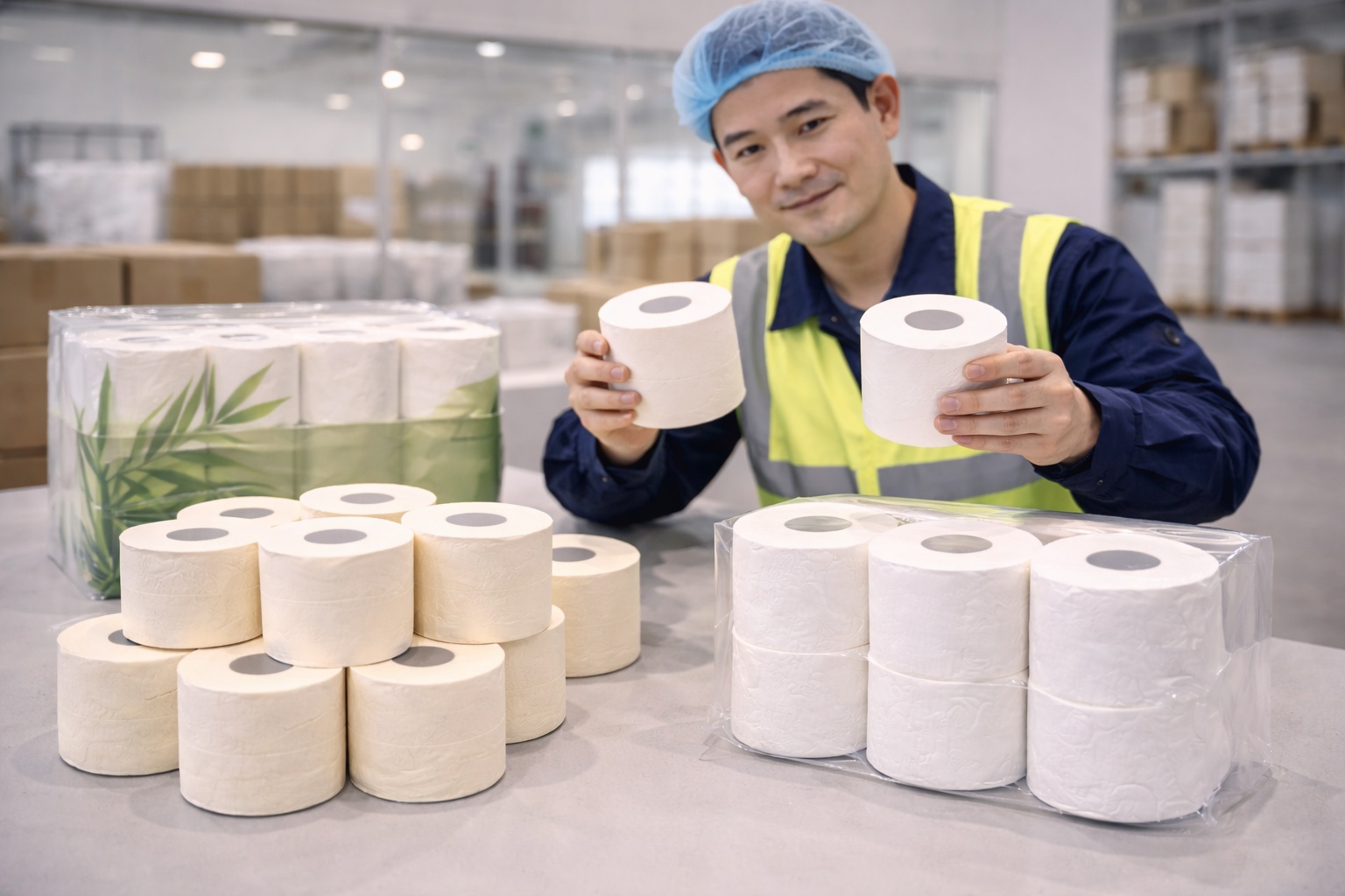 Sample rolls from Sansheng toilet paper manufacturer showing bamboo and virgin pulp options