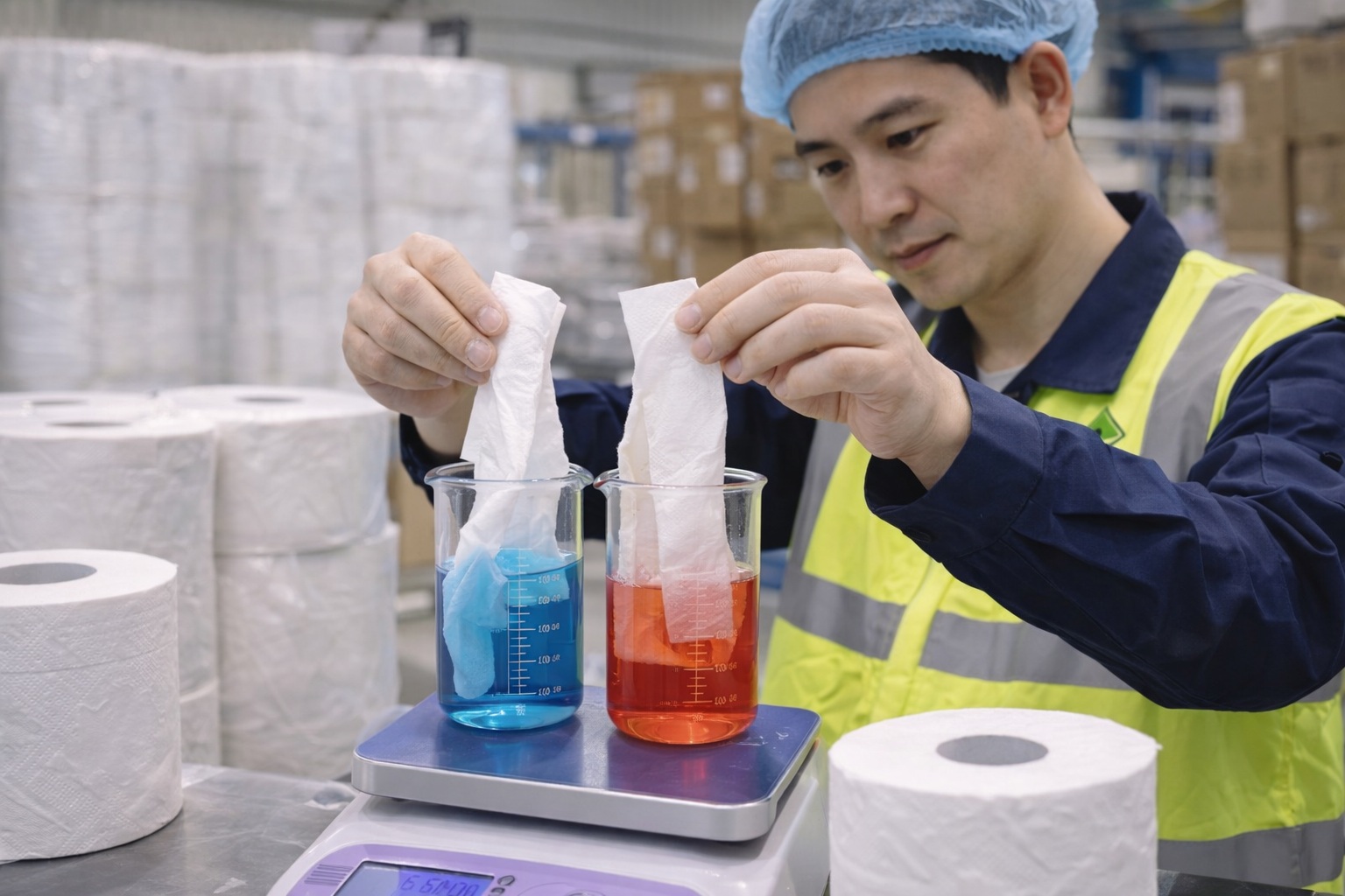 TAD paper supplier absorbency comparison test dipping TAD and conventional tissue samples in colored liquid