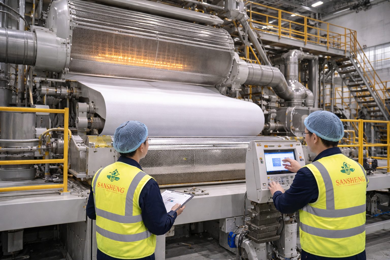 TAD paper supplier Sansheng factory through-air-drying tissue machine with workers monitoring controls