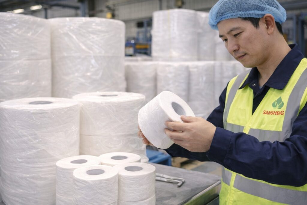 TAD paper supplier Sansheng worker inspecting premium through-air-dried tissue rolls for bulk and softness