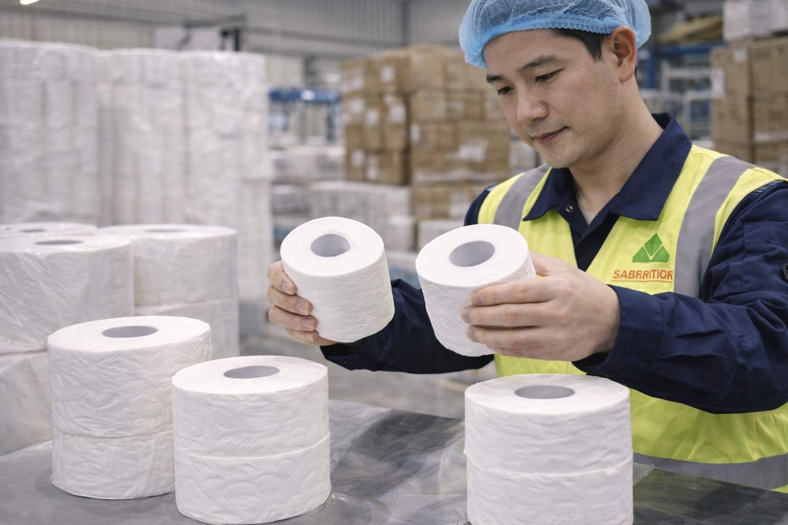 TAD paper supplier worker comparing premium TAD tissue rolls with conventional tissue side by side