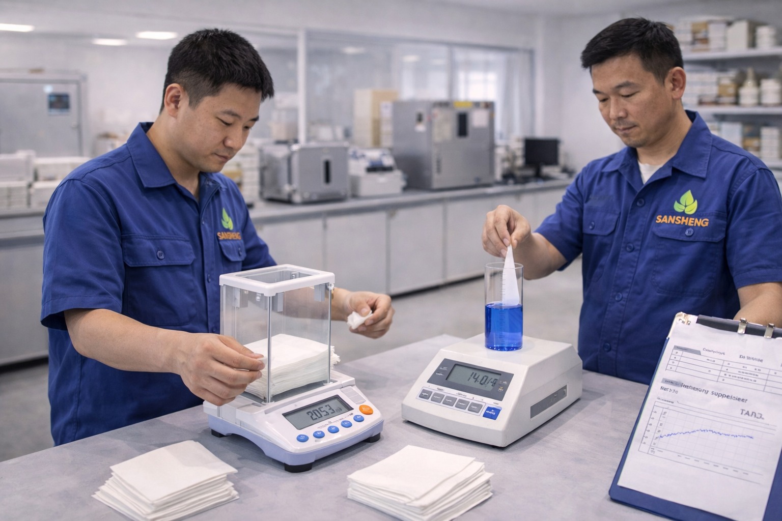 TAD tissue supplier GSM testing and absorbency measurement in factory lab