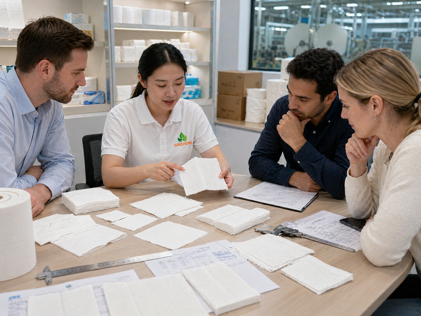 Tissue paper manufacturer quality discussion and sample inspection scene
