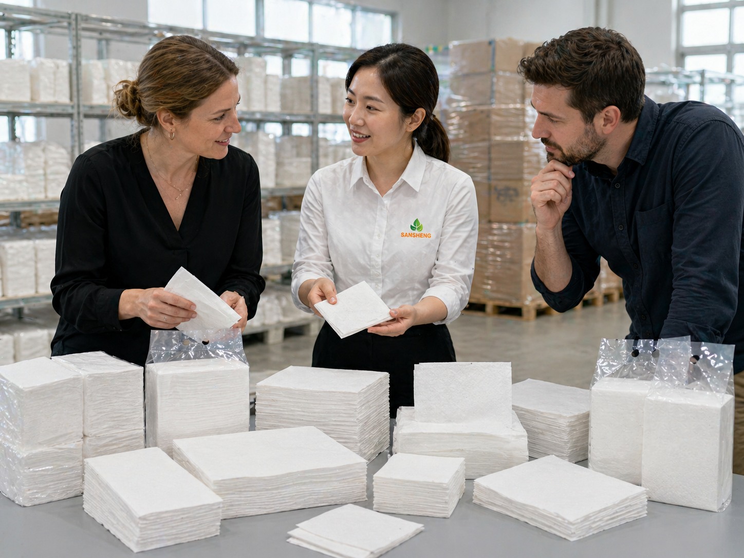 Tissue paper manufacturer discussing bulk supply with professional buyers