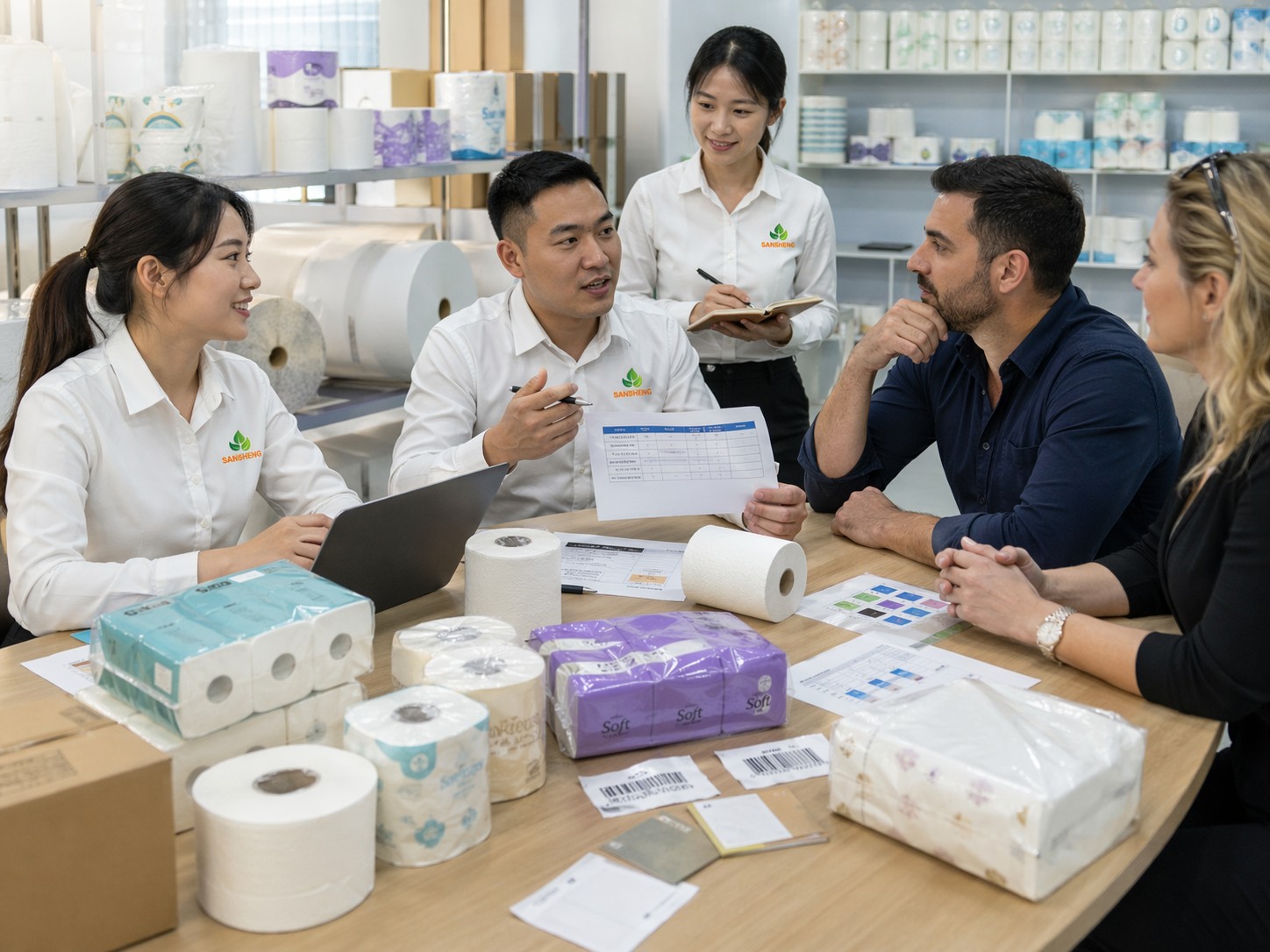 OEM and private label toilet paper program discussion with product samples and packaging options