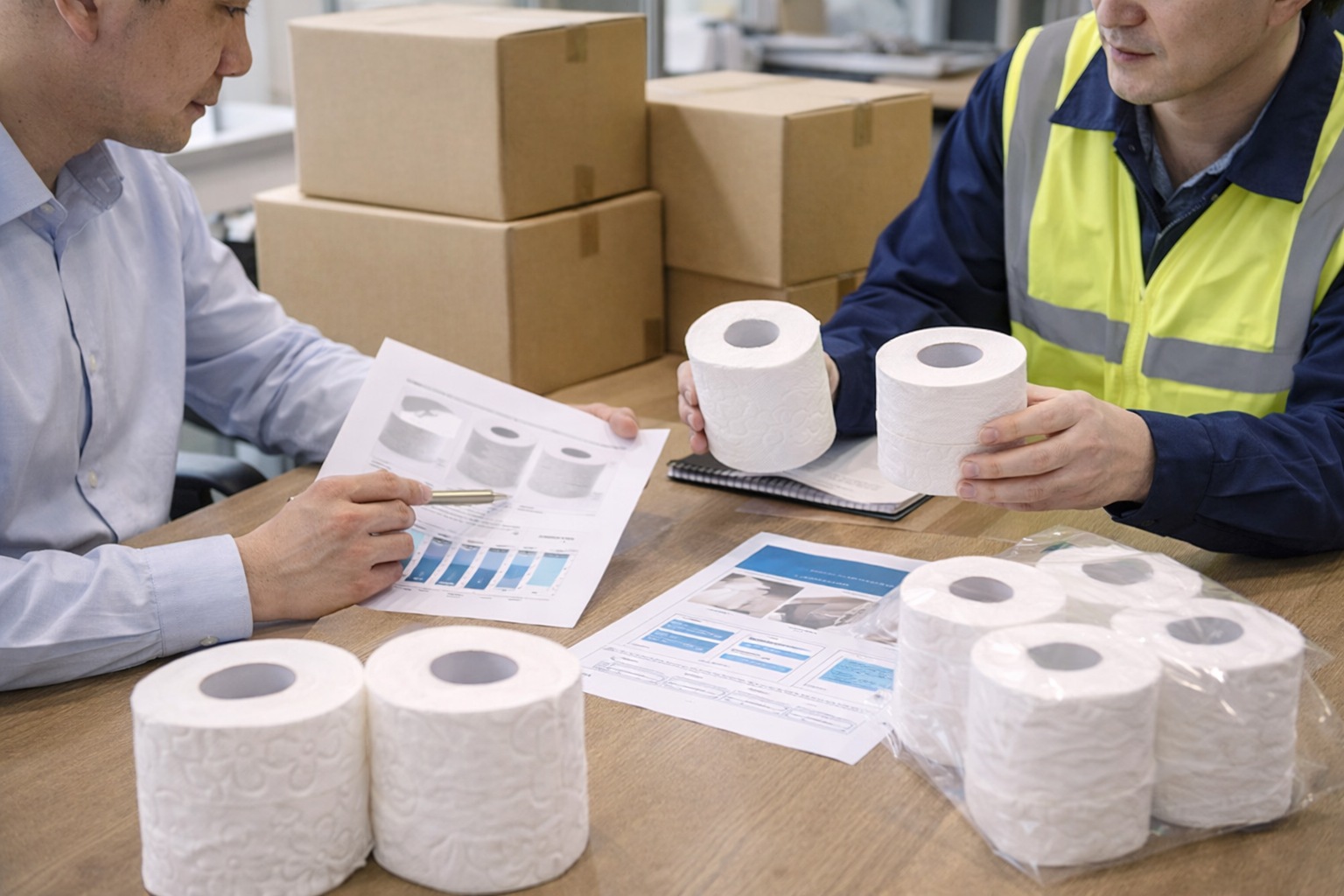 B2B buyer review scene with finished toilet paper sample packs and export cartons