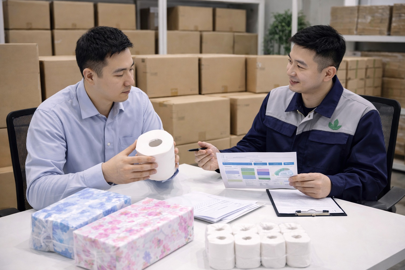 Quotation preparation scene with toilet paper sample rolls, packaging references, and inquiry materials