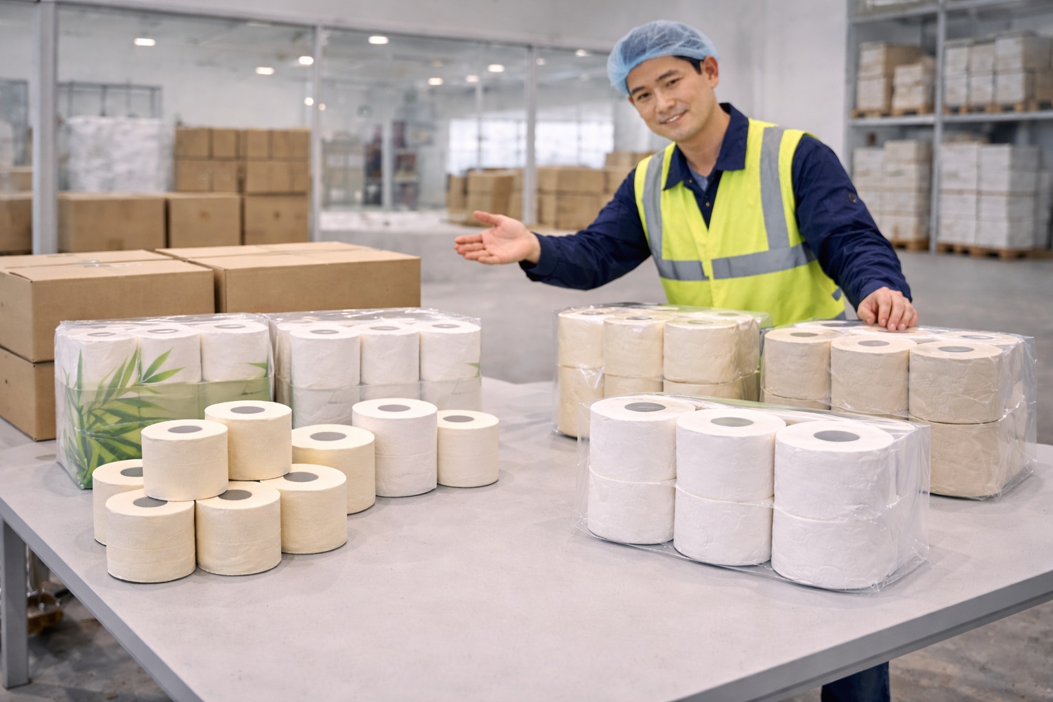 Toilet paper products prepared for different sales channels including retail-ready packs and wholesale bundles