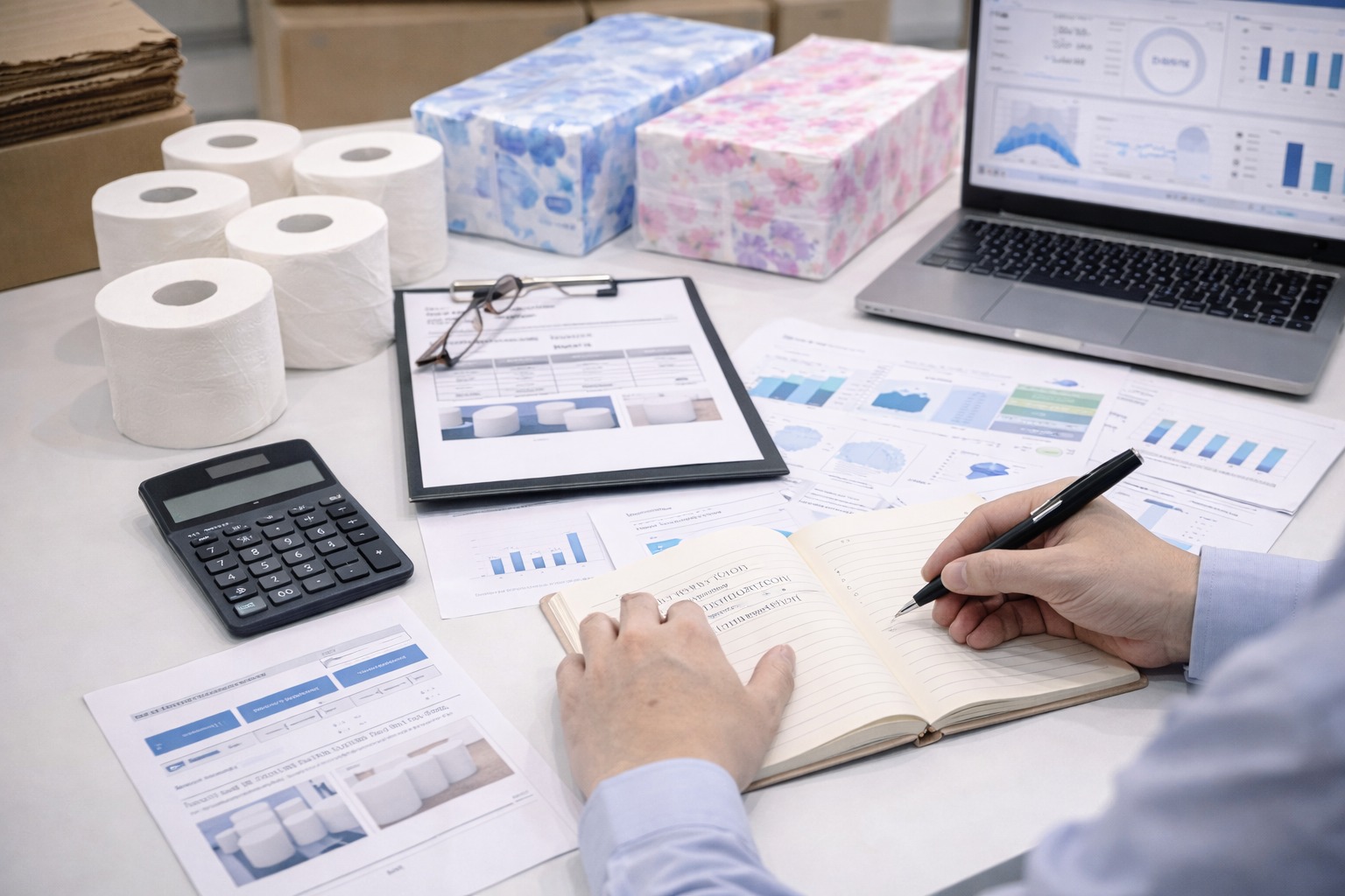 B2B buyer review scene with finished toilet paper sample packs and export cartons