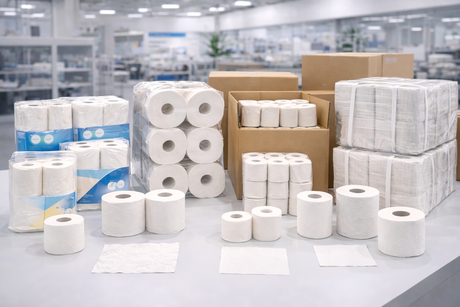 Toilet paper supplier sample display with finished rolls and export cartons