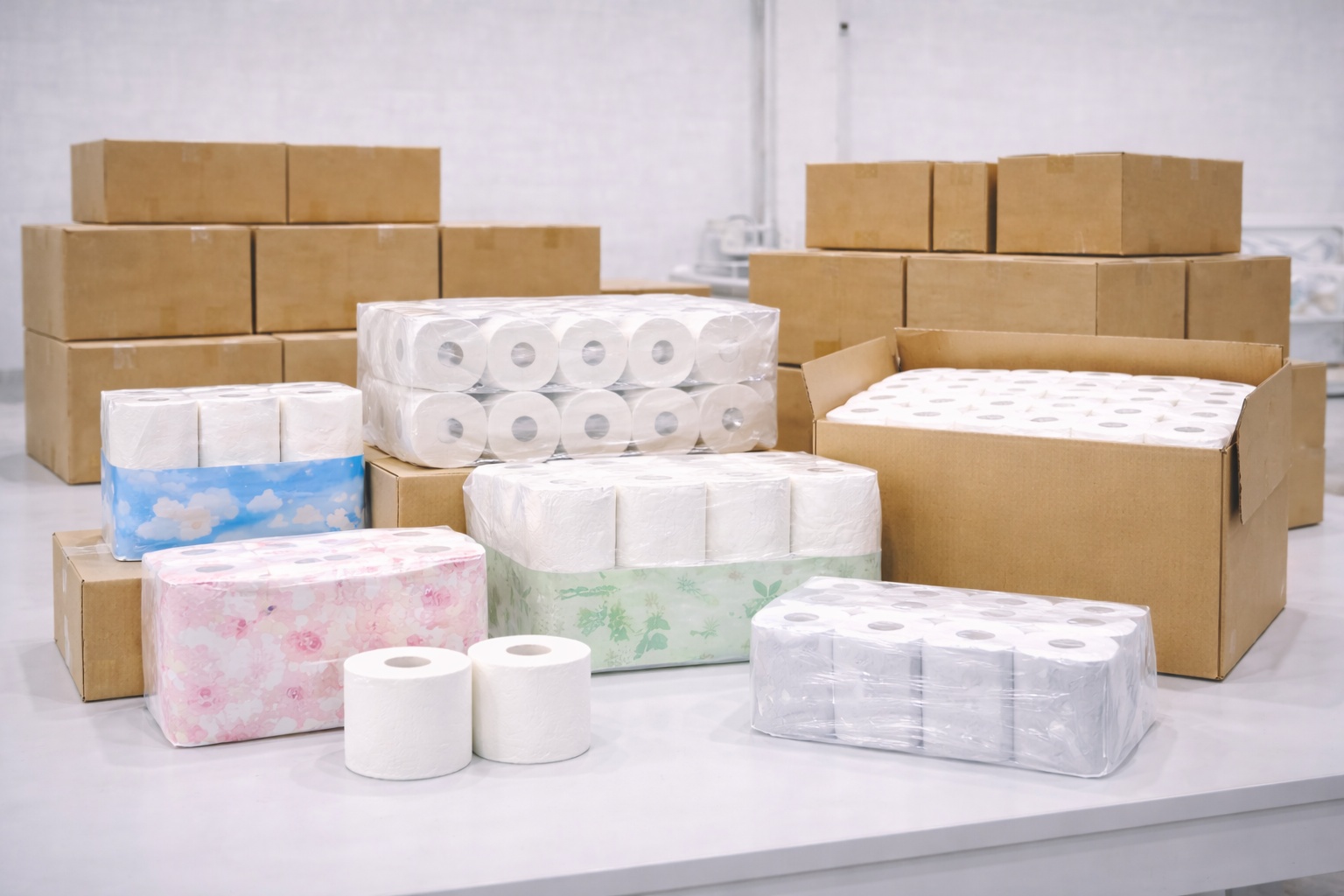 Comparison of toilet paper packaging formats including different pack counts and outer carton setups