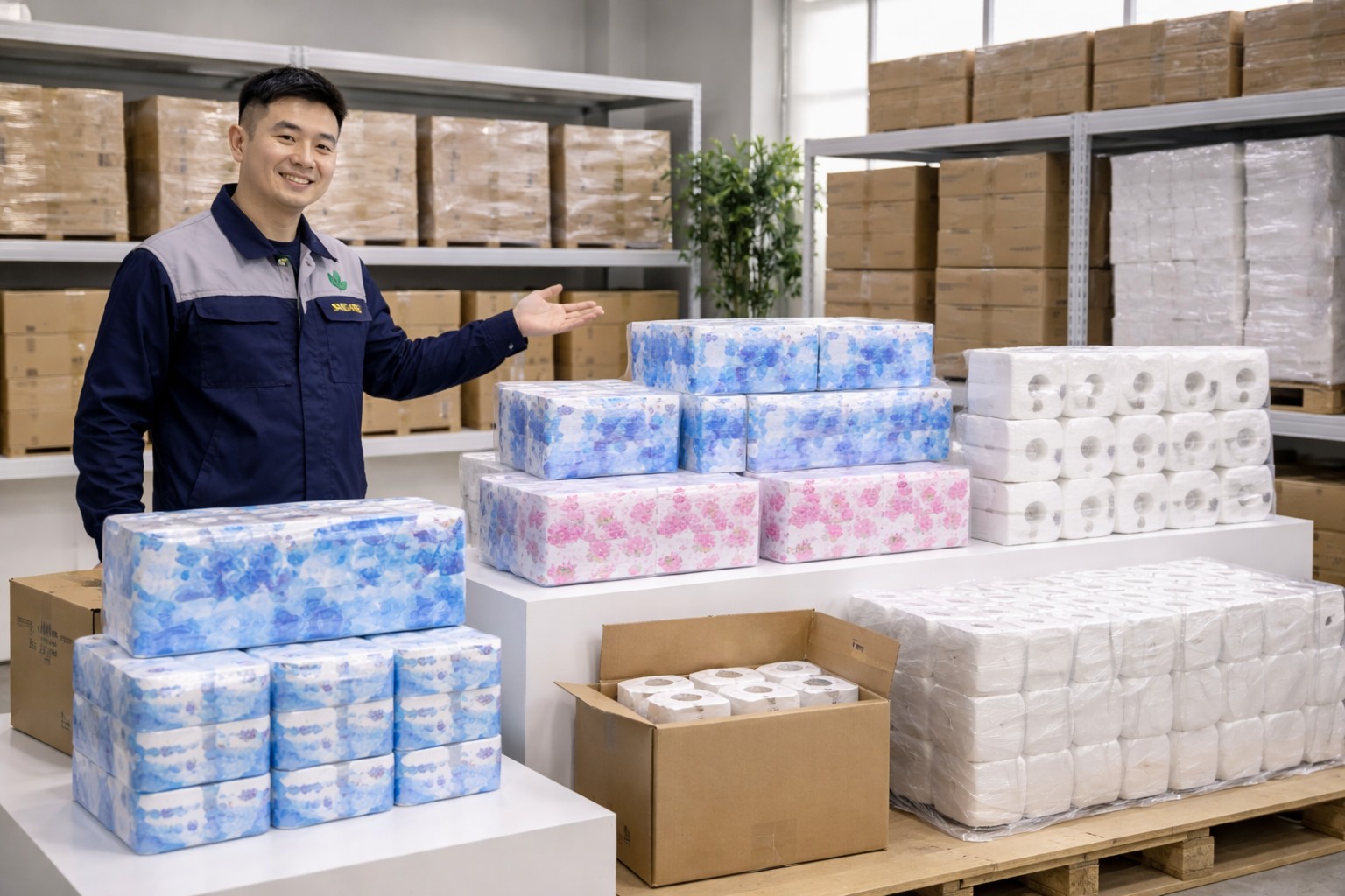 Finished toilet paper rolls in retail packs and bulk wholesale bundles displayed neatly in a warehouse sample-room setting