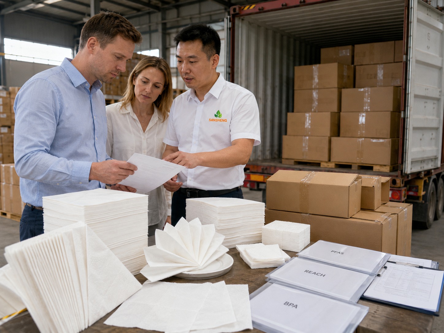 Airlaid napkins manufacturer compliant container shipping to California with full PFAS REACH BPA documentation package