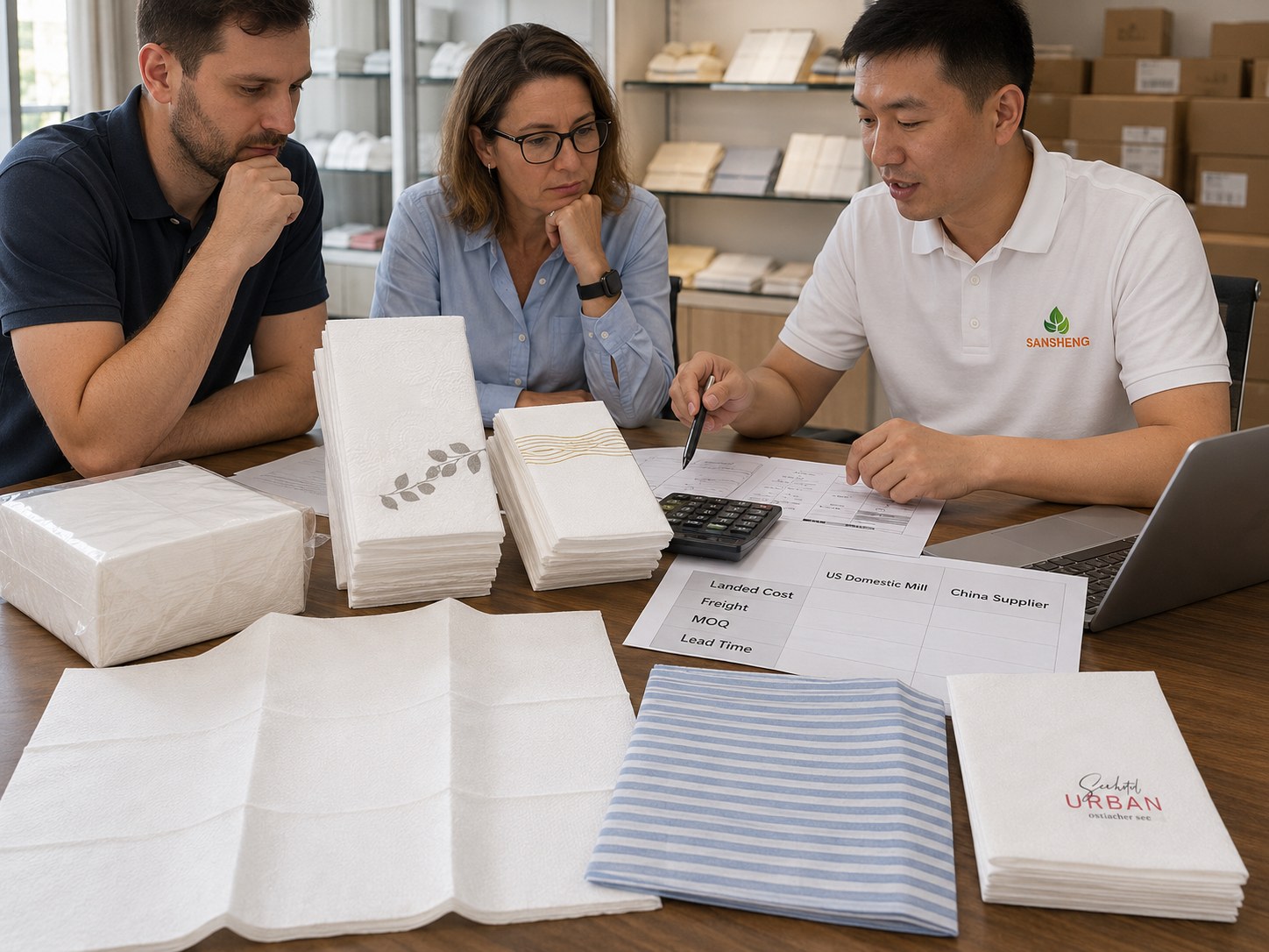 Airlaid napkins manufacturer landed cost comparison US domestic mill versus China supplier for North American distributor
