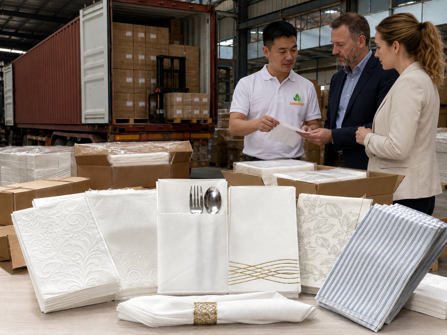 Airlaid napkins manufacturer 40HQ container loaded for North American premium hotel and restaurant chain distributor
