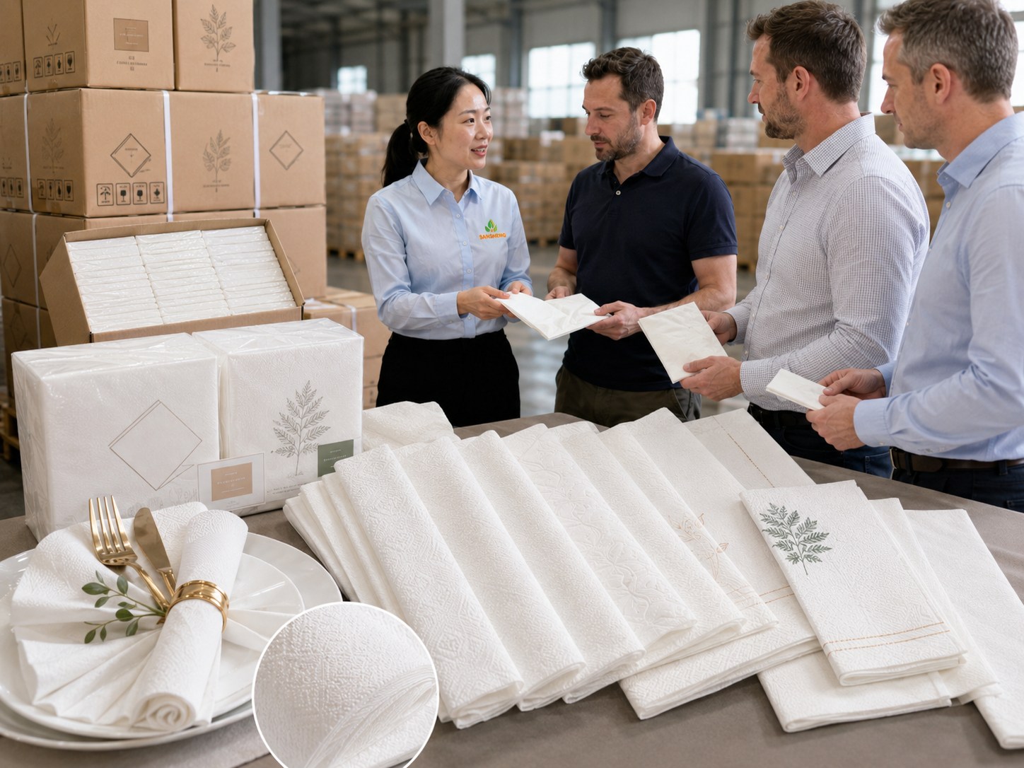 Airlaid napkins manufacturer custom branded private label cartons ready for North American foodservice export