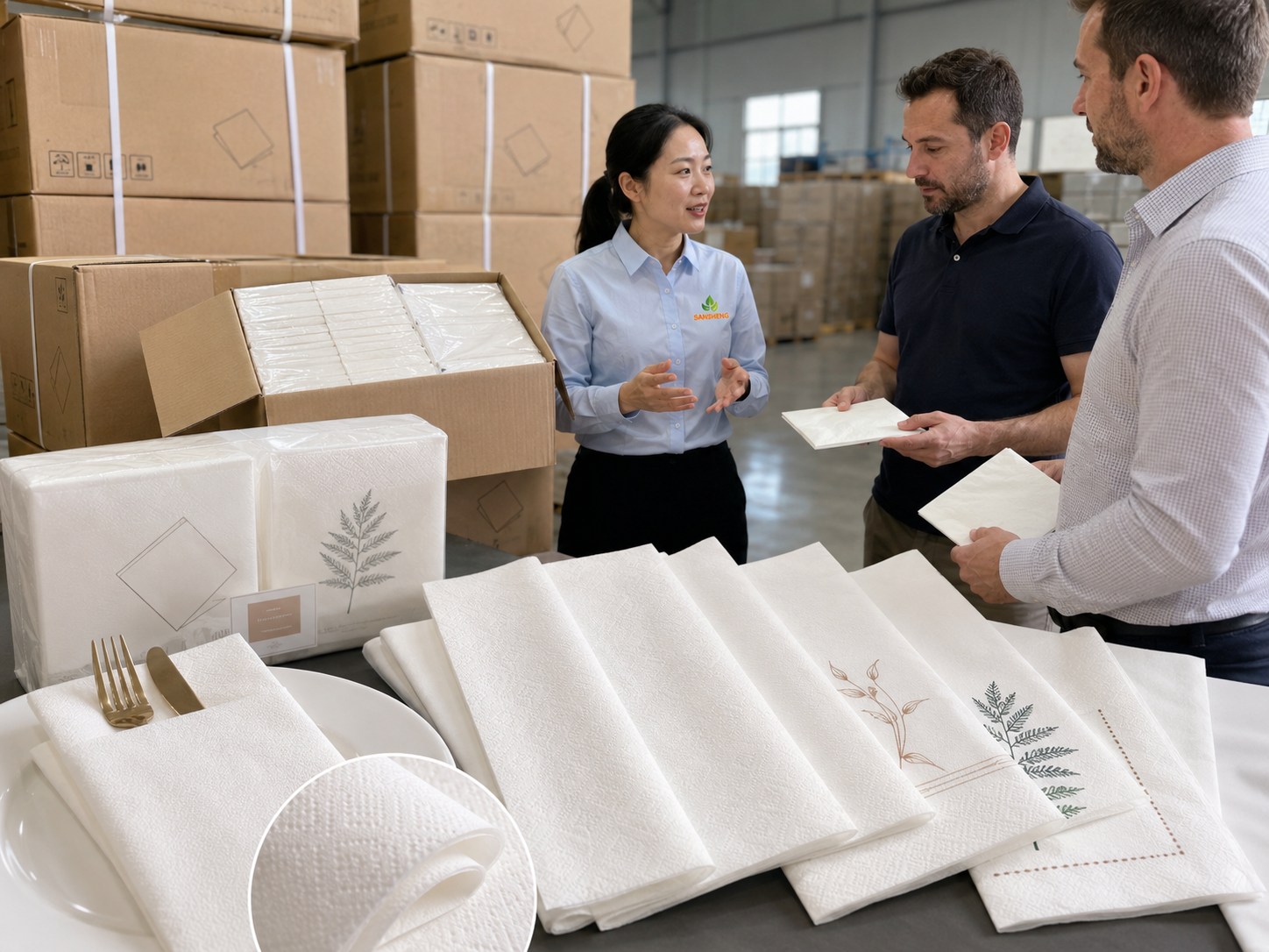 Airlaid napkins manufacturer custom branded export samples shipped to North American foodservice distributor warehouse