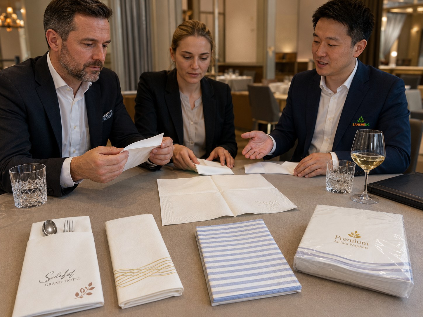 Airlaid napkins supplier premium embossed branded napkin pilot test at 4-star European hotel restaurant