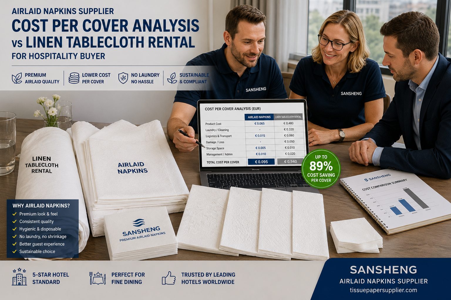 Airlaid napkins supplier cost per cover analysis spreadsheet versus linen tablecloth rental for hospitality buyer