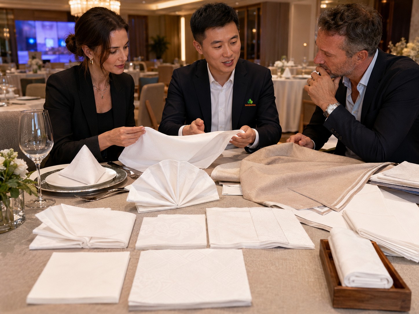 Airlaid napkins supplier premium embossed napkins compared with linen tablecloth rental for 5-star hotel