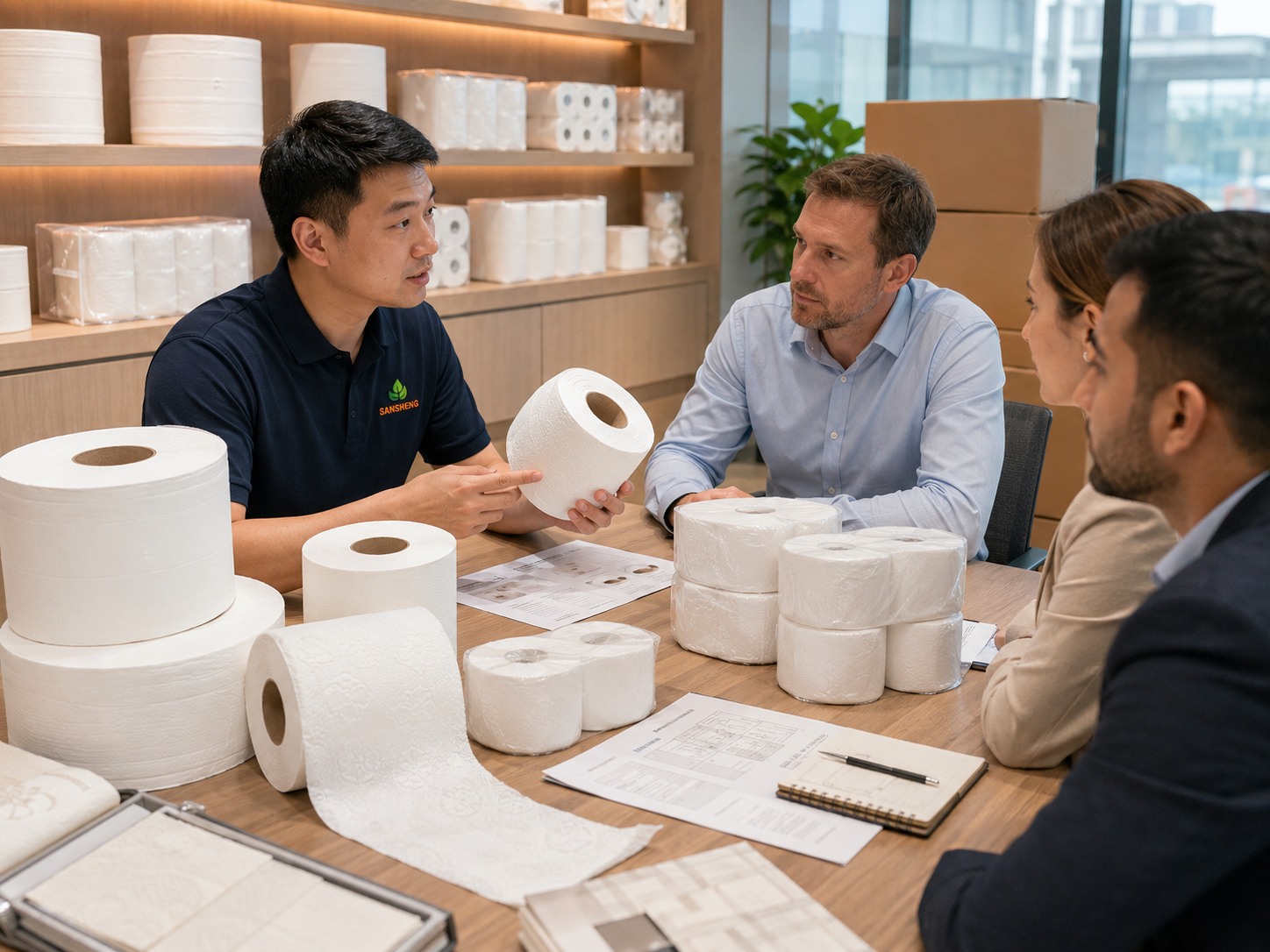 Toilet paper importer checking bulk toilet paper supply and export packing