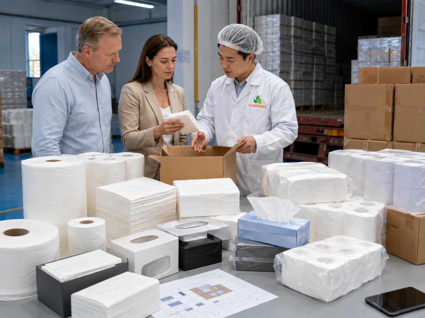 Commercial tissue paper manufacturer packaging dispenser matching and container loading support