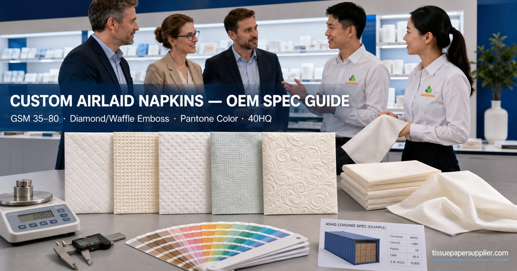 Custom airlaid napkins China OEM manufacturer GSM embossing Pantone color and 40HQ loading spec guide