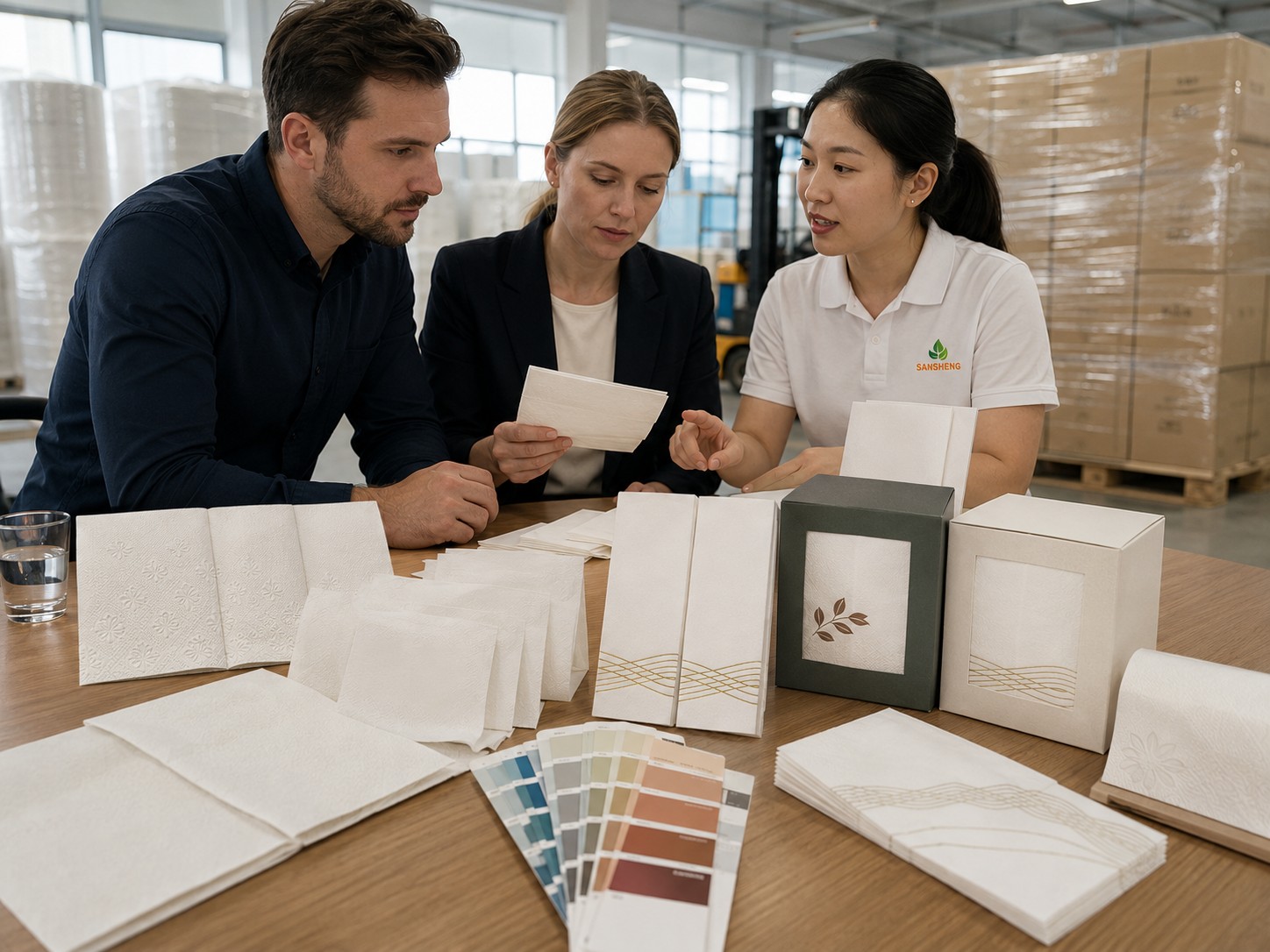 Custom airlaid napkins private label brand first container production with branded emboss and Pantone color check