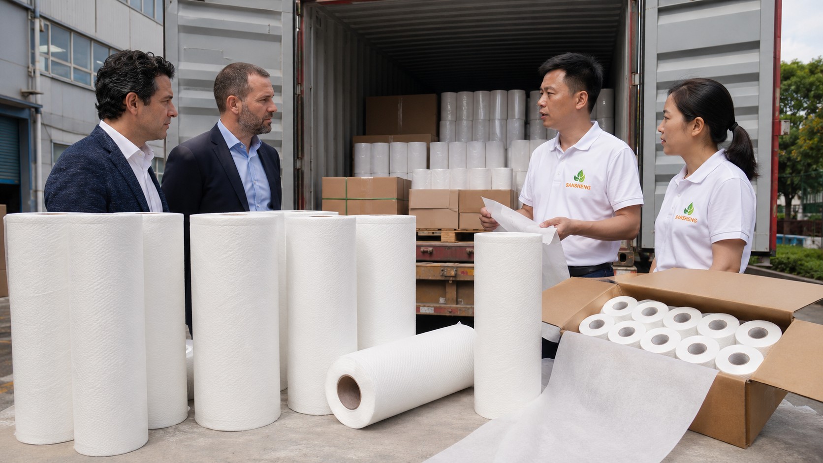 Custom medical exam paper 40HQ container loaded with embossed rolls for B2B healthcare buyer