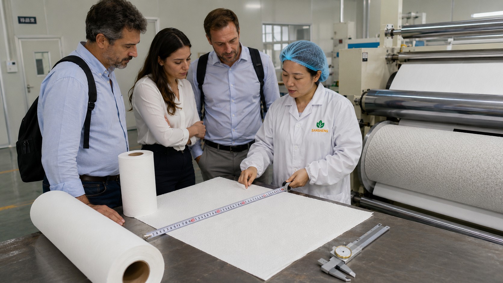 Custom medical exam paper width measurement and embossing roller setup at Sansheng factory