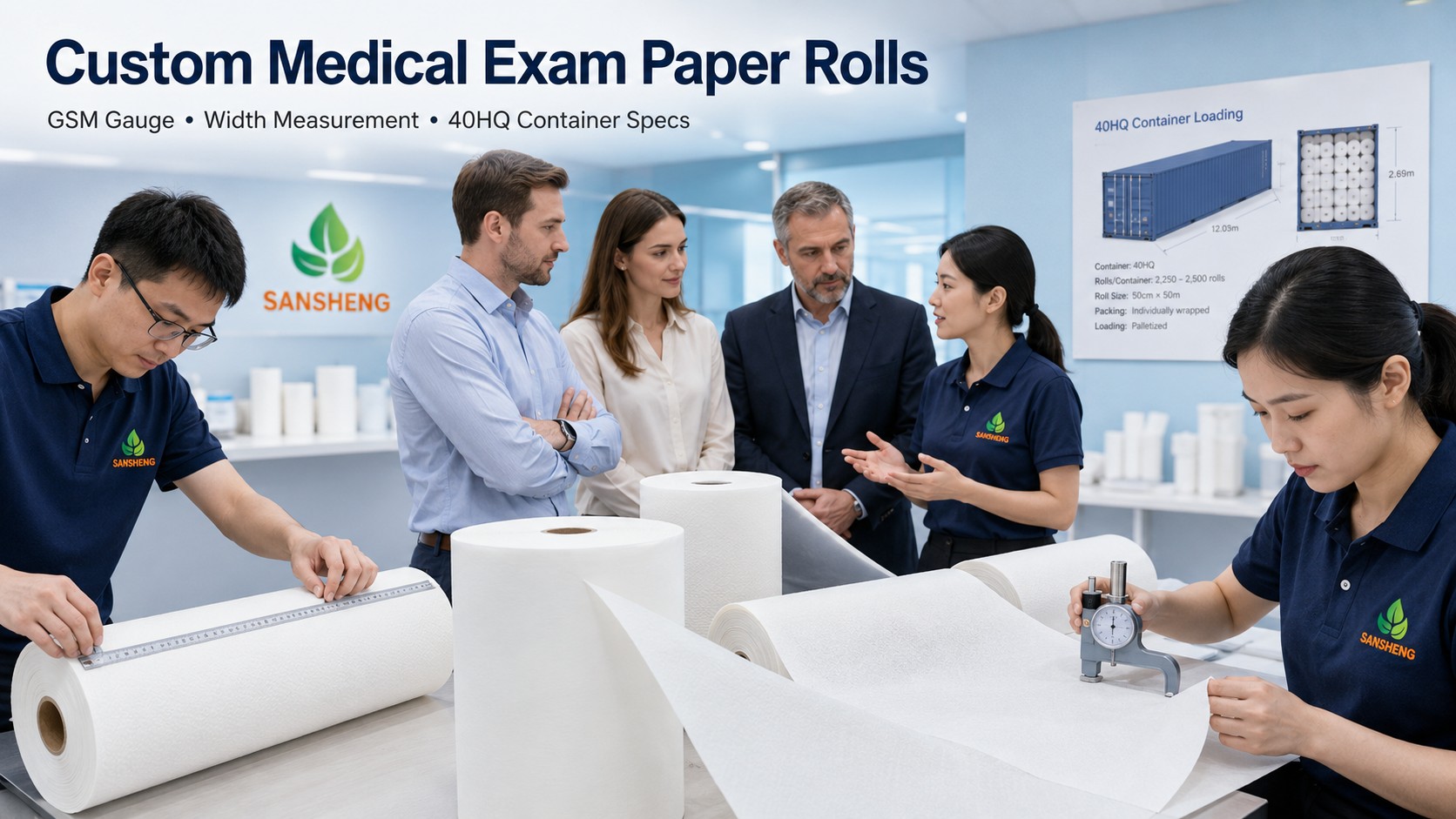 Custom medical exam paper rolls with GSM gauge width measurement and 40HQ container specifications