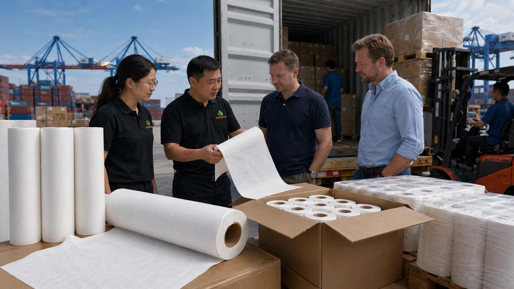 Exam table paper roll supplier 40HQ container loading at Qingdao port for EU clinic wholesaler