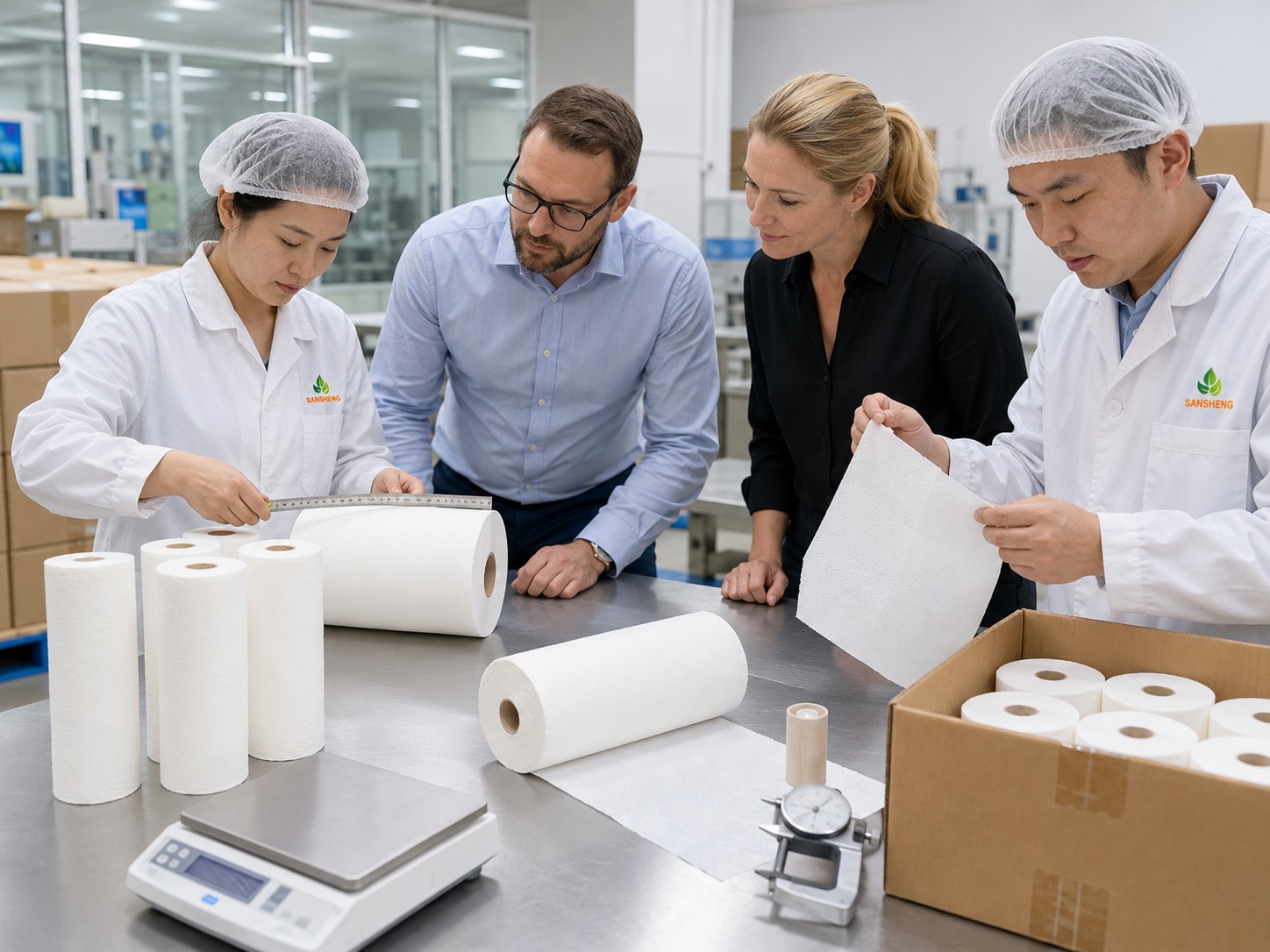 Examination paper rolls quality control inspection for GSM width length perforation core fit and packing