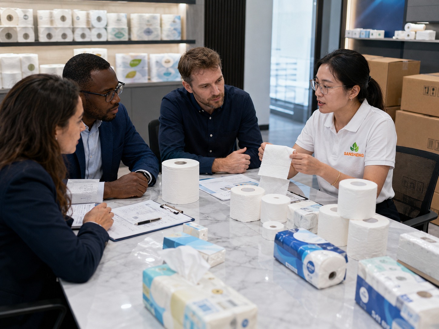 Toilet paper supplier discussing OEM packing roll specifications and export quotation with overseas buyers