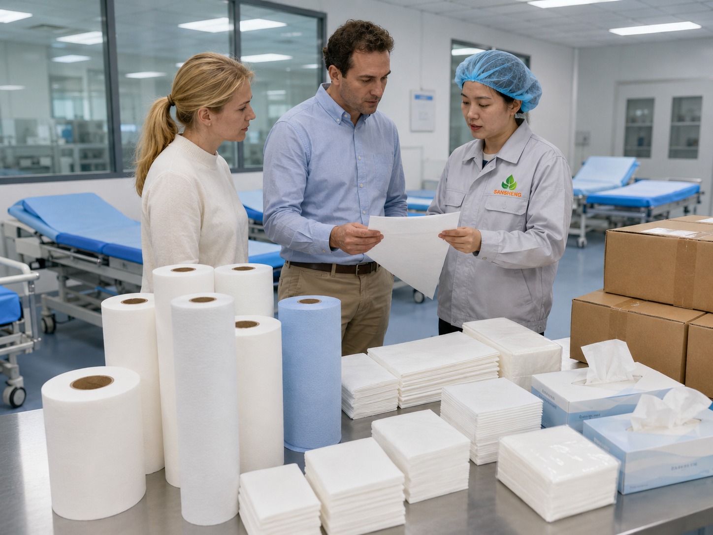 Medical tissue paper manufacturer product range with examination rolls hand towels facial tissue and OEM cartons