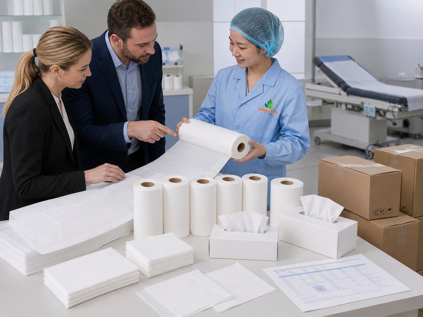Medical tissue paper manufacturer specification table scene with examination rolls hand towels facial tissue and sample checking