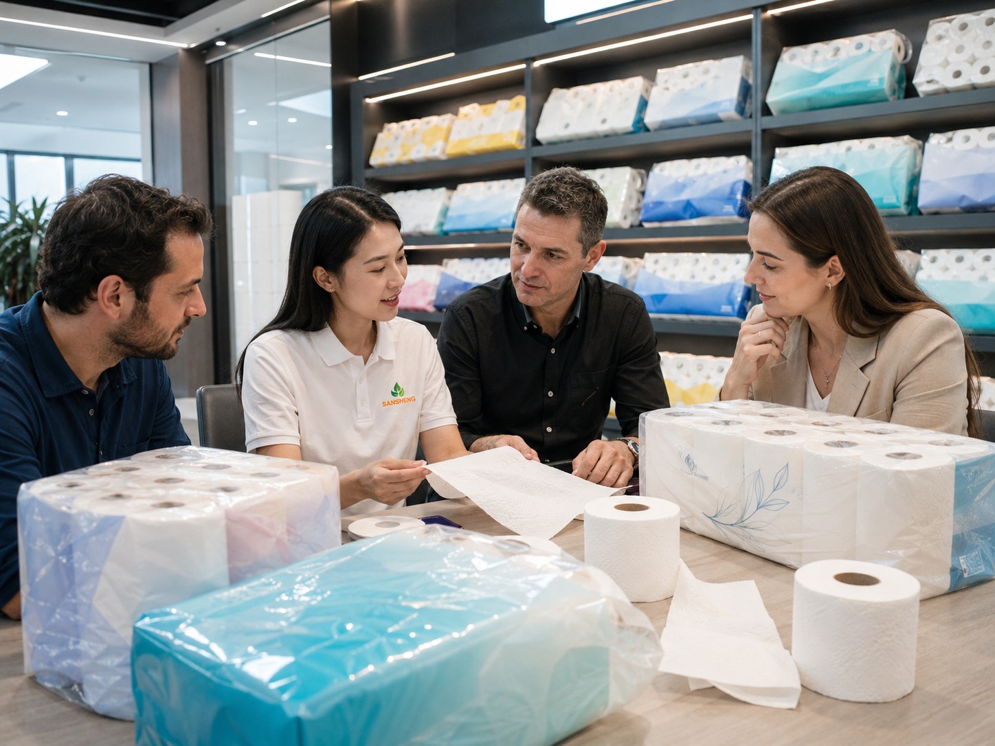 Supermarket buyer selecting retail toilet paper packs and shelf-ready packaging