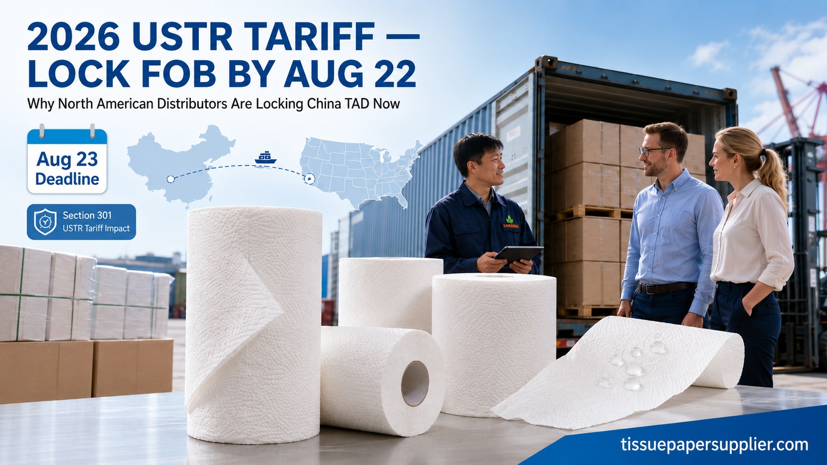 TAD paper towel manufacturer 2026 USTR Section 301 deadline tariff impact China FOB shipping infographic
