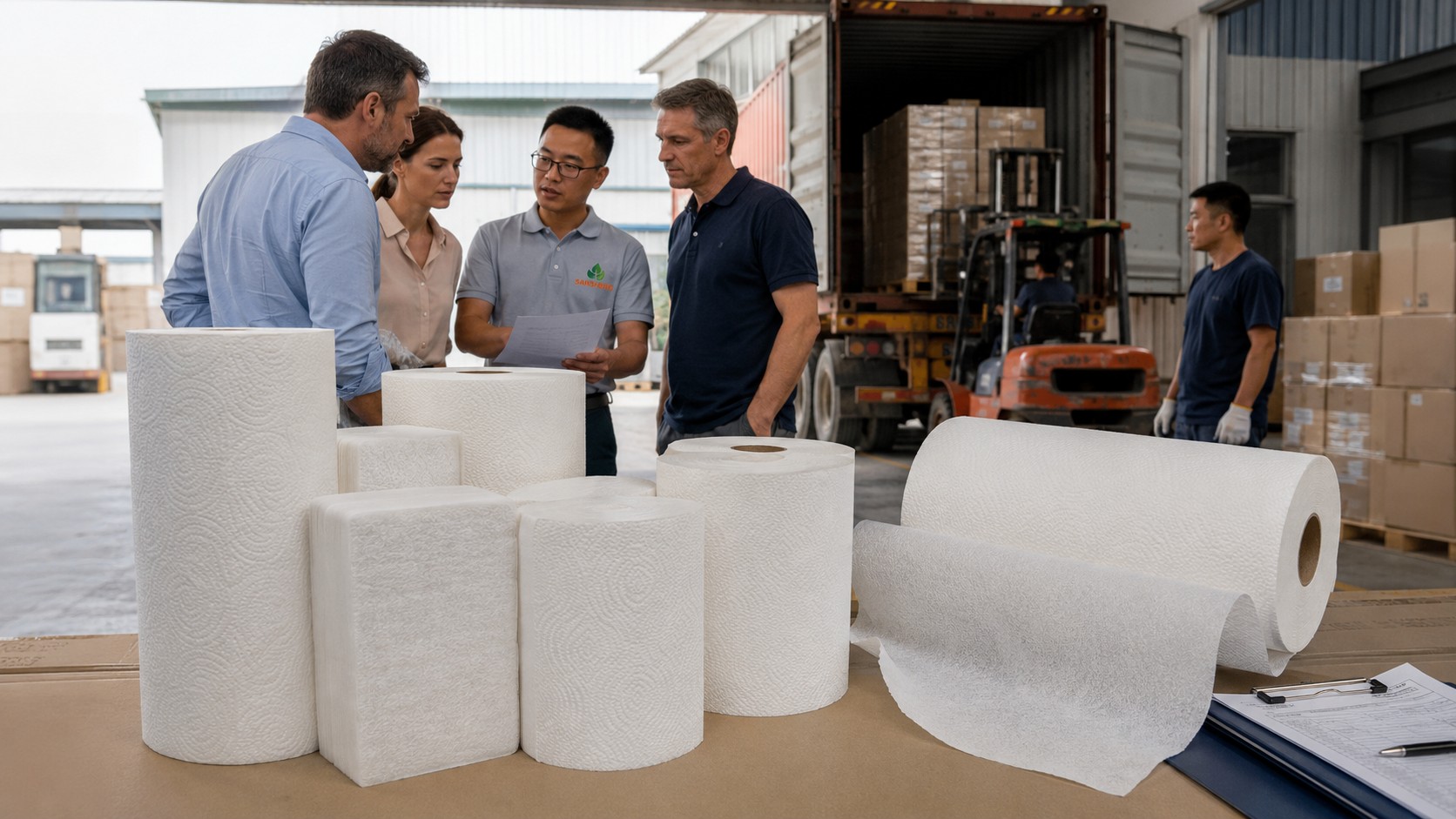 TAD paper towel manufacturer 40HQ container loaded for North American distributor under locked FOB contract
