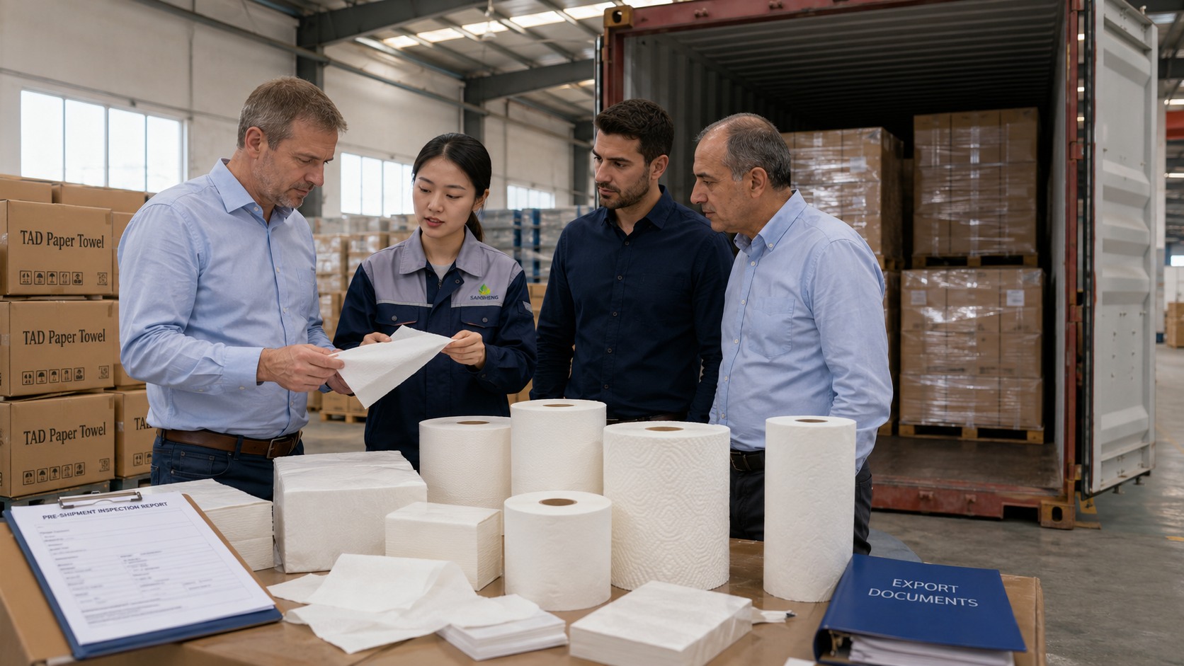 TAD paper towel manufacturer 40HQ container with pre-shipment QC certificate ready for B2B export