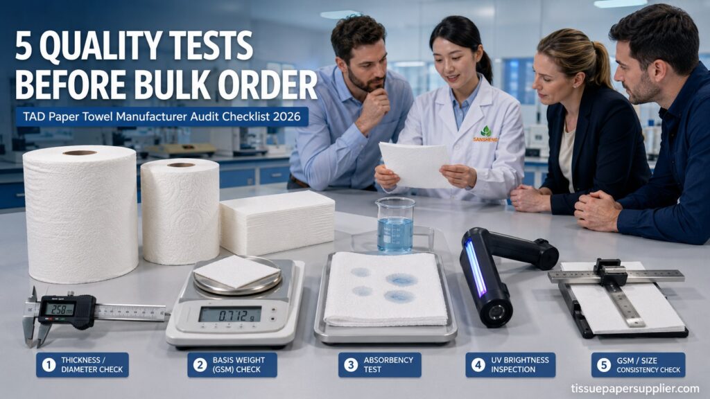 TAD paper towel manufacturer 5 quality tests sample inspection with absorbency UV caliper lab equipment