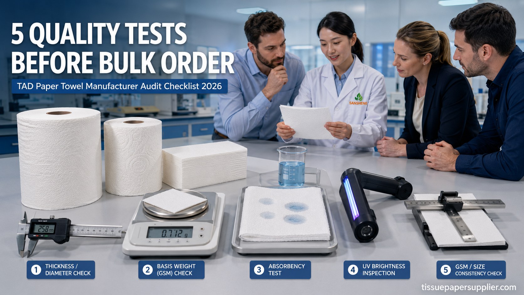 TAD paper towel manufacturer 5 quality tests sample inspection with absorbency UV caliper lab equipment