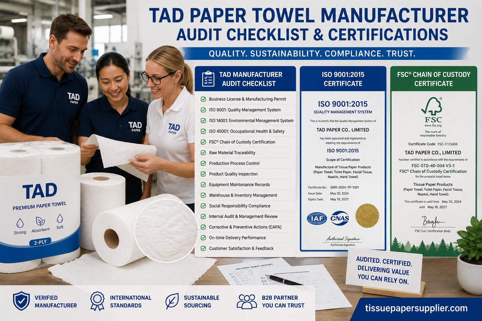 TAD paper towel manufacturer audit checklist with ISO certificate scope and FSC chain of custody documentation