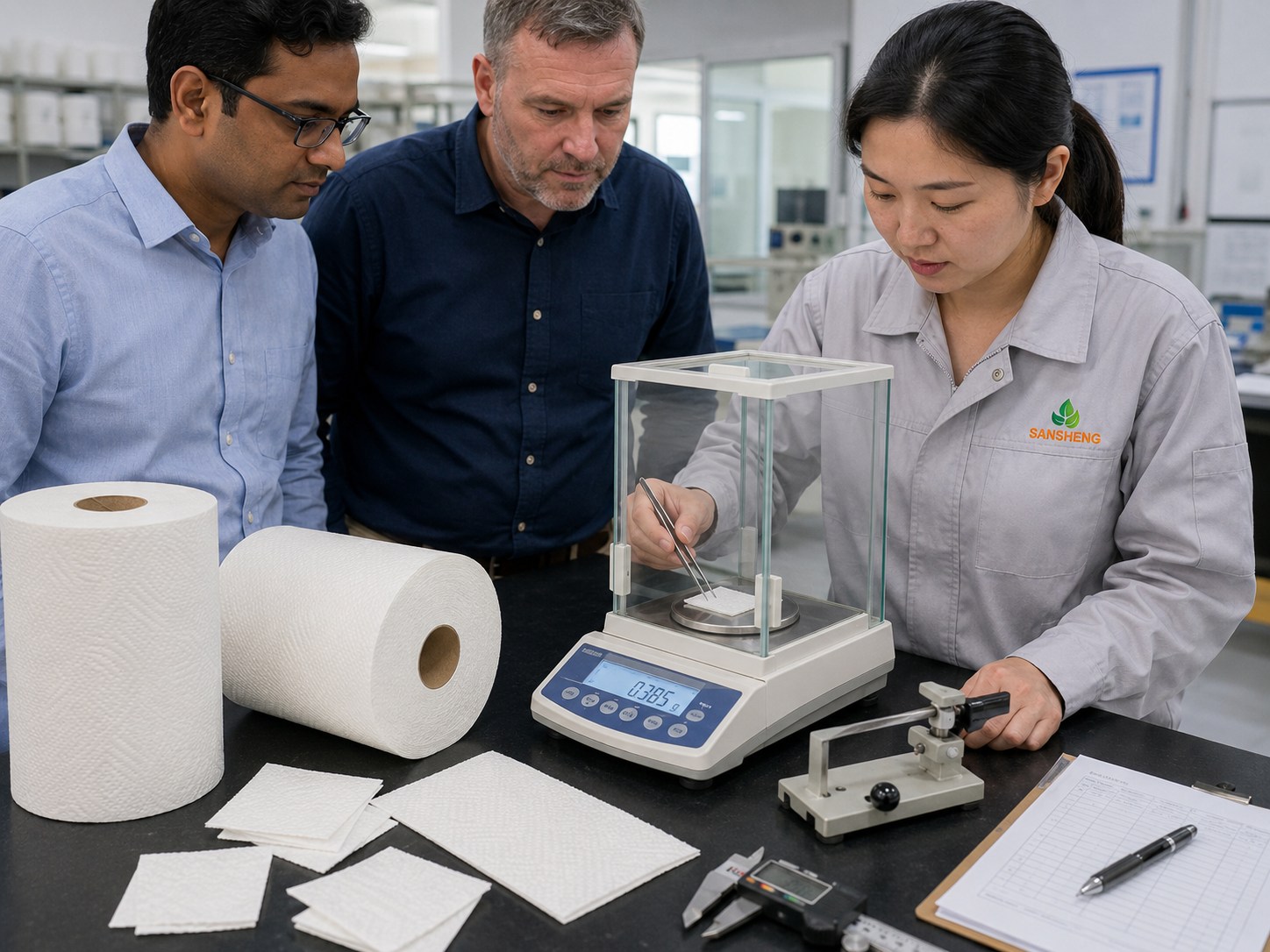 TAD paper towel manufacturer GSM testing with 0.001 gram lab balance on production sample