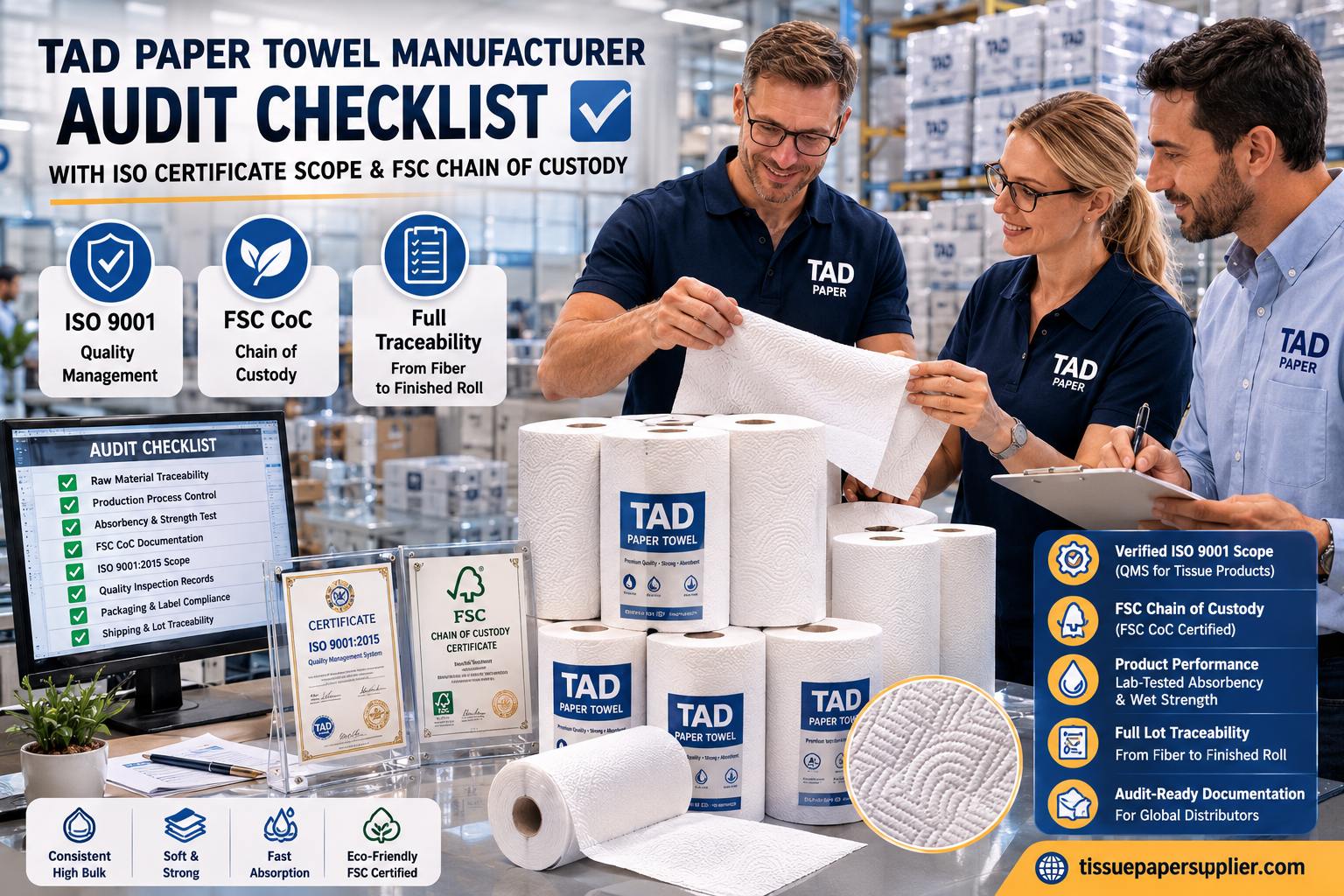 TAD paper towel manufacturer audit checklist with ISO 9001 and FSC chain of custody documentation